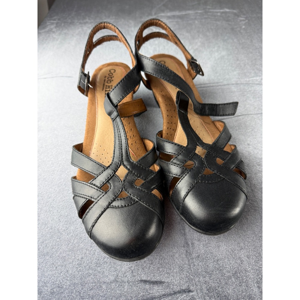 Cobb Hill New Balance Women Black Leather T-Strap Caged Heel Sandals Size 9.5 M